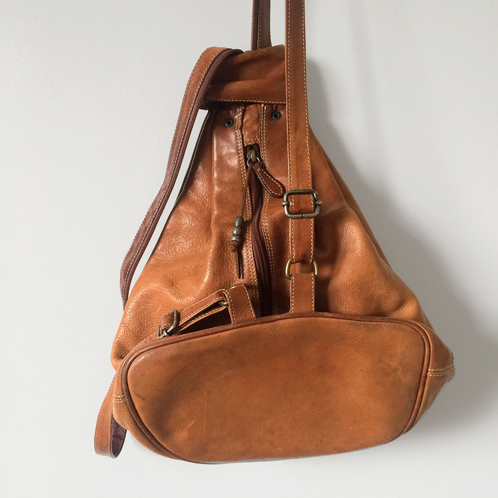 1990s High-End Buttery Soft Tan Leather Bucket Backpack Purse