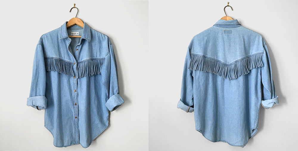 1990s Light-Wash South Western Fringe Button-Up Denim Jean Shirt