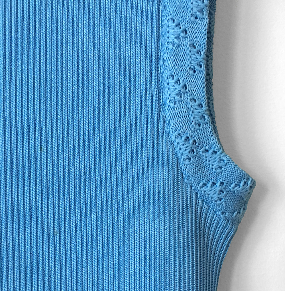 1960s - 1970s Sky-Blue Sleeveless Floor-Length Ribbed Knit Dress