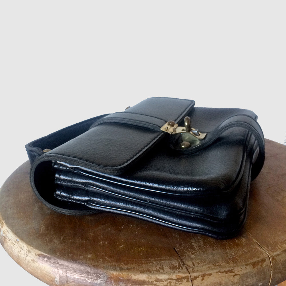 Compact 1970s Black Leather Top-Handle Handbag