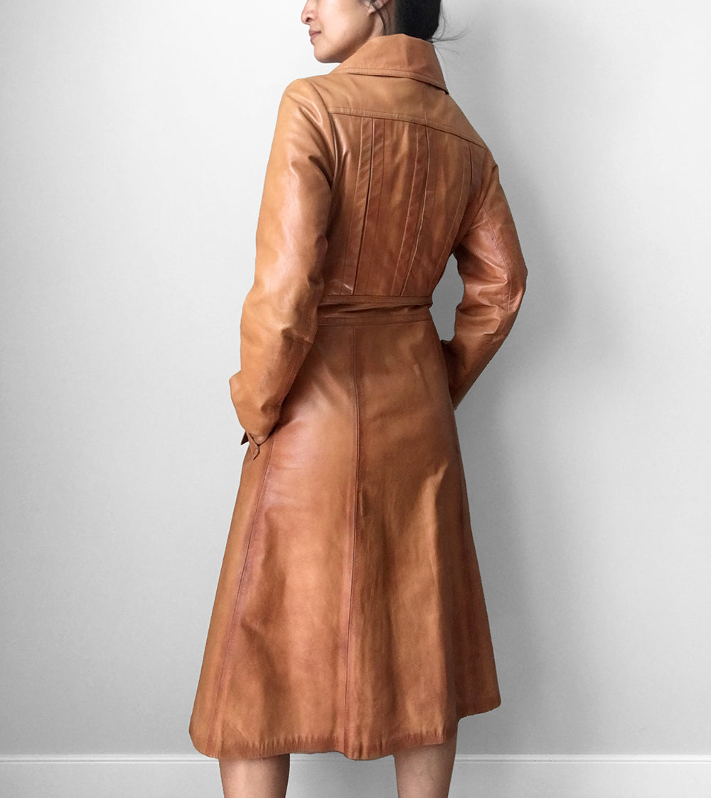 1970s Made in Canada Long Tobacco Brown Belted Leather Coat