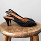 1970s Black Leather Peep Toe Slingback Heeled Shoes