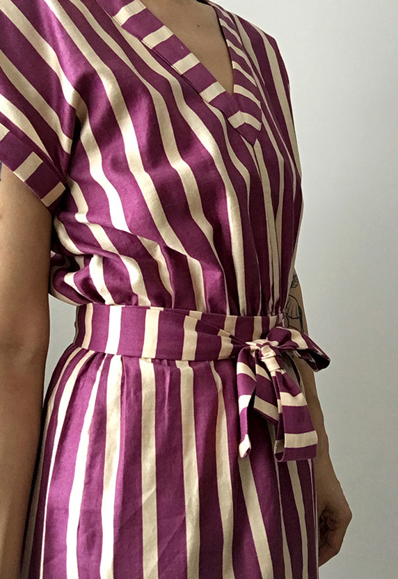 1970s Plum and Beige Stripe Made in Canada Cotton Belted Dress