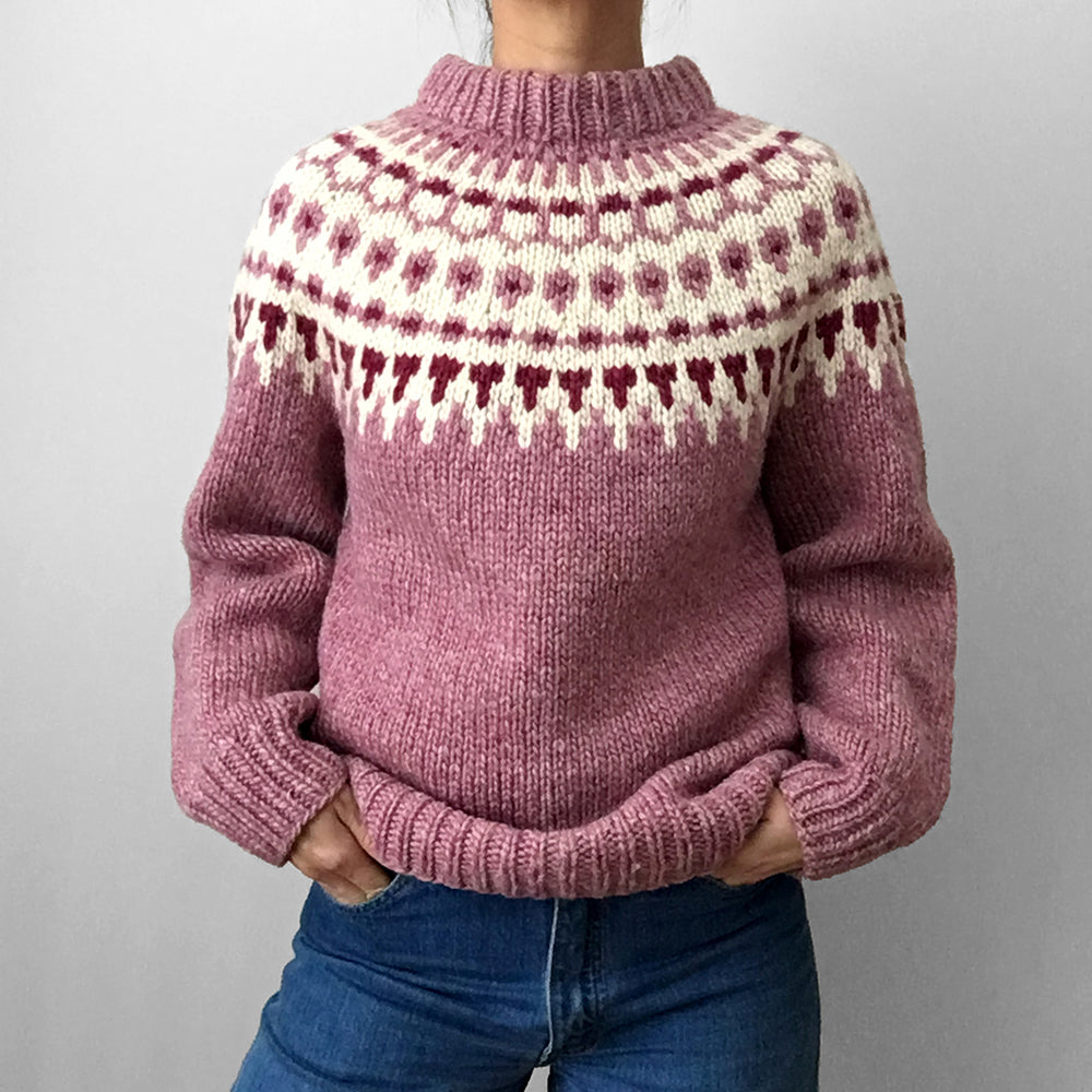 Mauve and Cream Handmade Nordic Knit Pullover Sweater