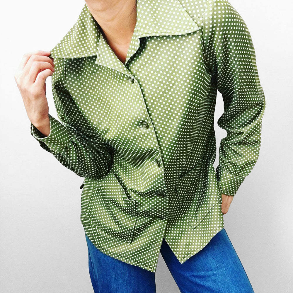 1970s Green Polka-Dot Wide Lapel Long Sleeve Button-Front Shirt