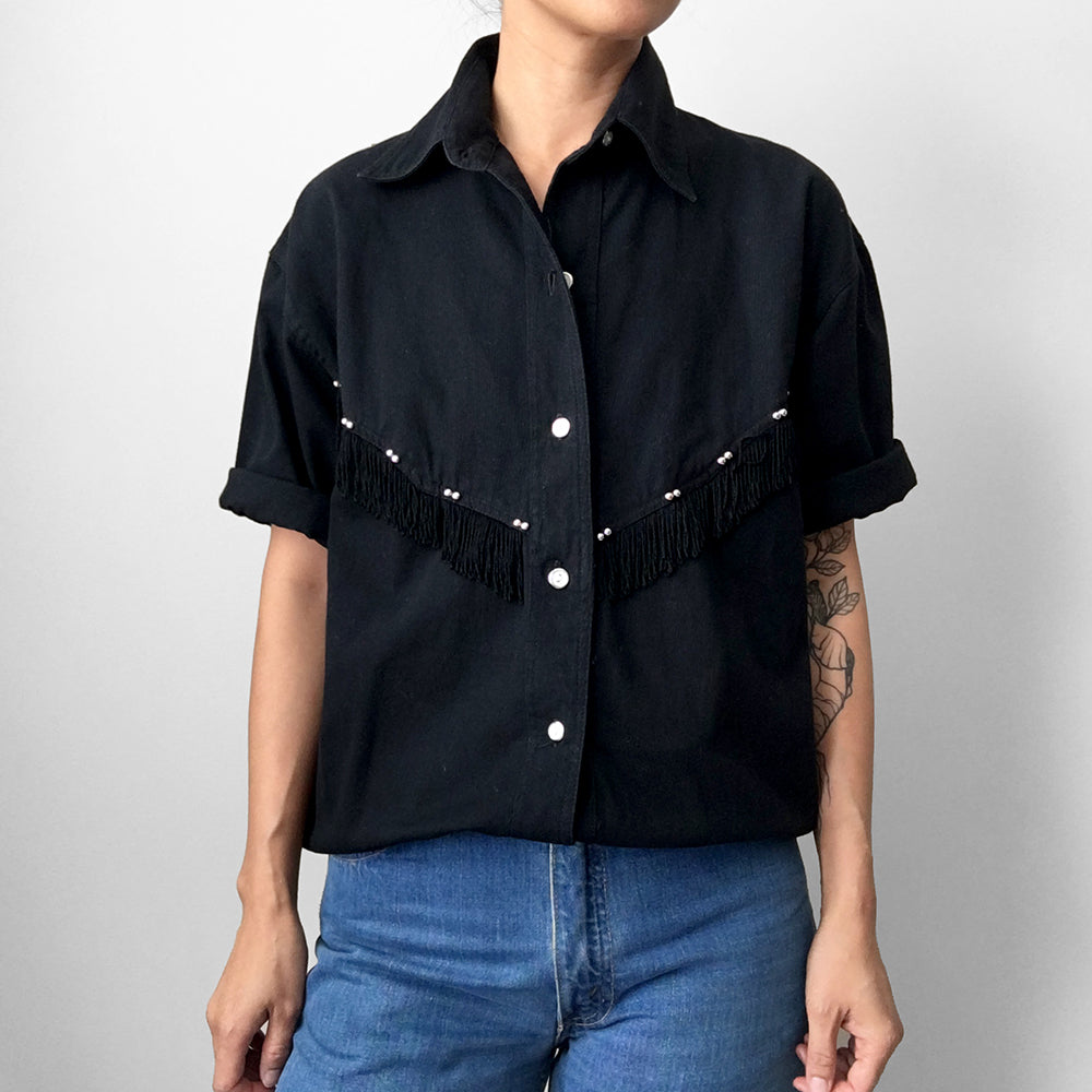 1980s Black Chambray Beaded Fringe Button-Front Collared Shirt