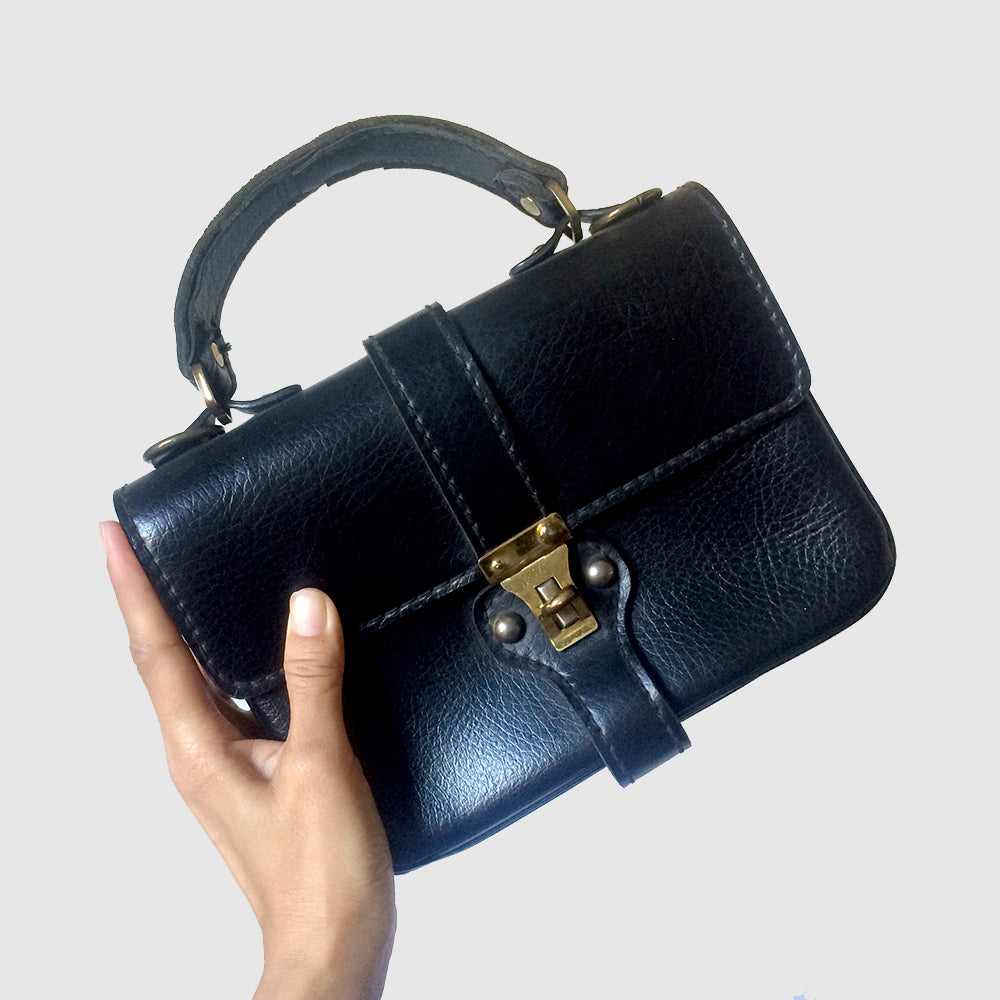 Compact 1970s Black Leather Top-Handle Handbag