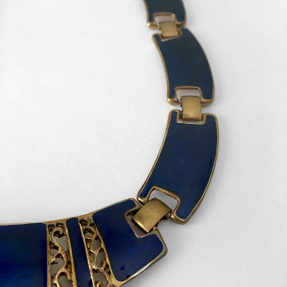 1970s Blue Gold-toned Enamel Sapphire Blue-Toned Link Necklace