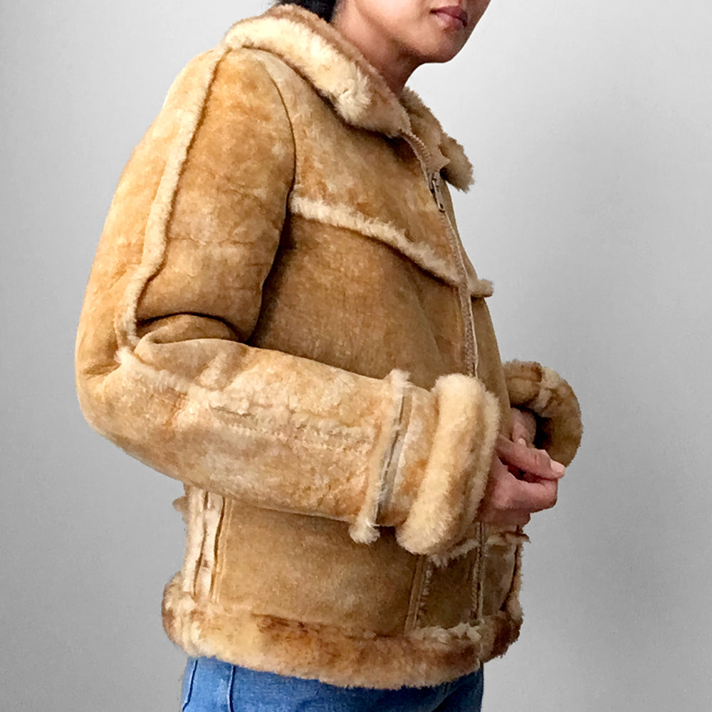 Tan Made in Canada Shearling Sheep Zip Front Jacket