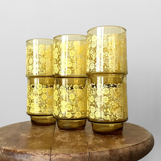 Set of 6 1960s Yellow Floral Stackable Juice Cups