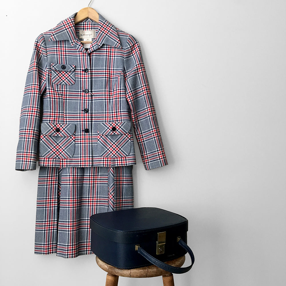 1960s Plaid Pleated A-Line Inverted Pleat Skirt and Jacket Set