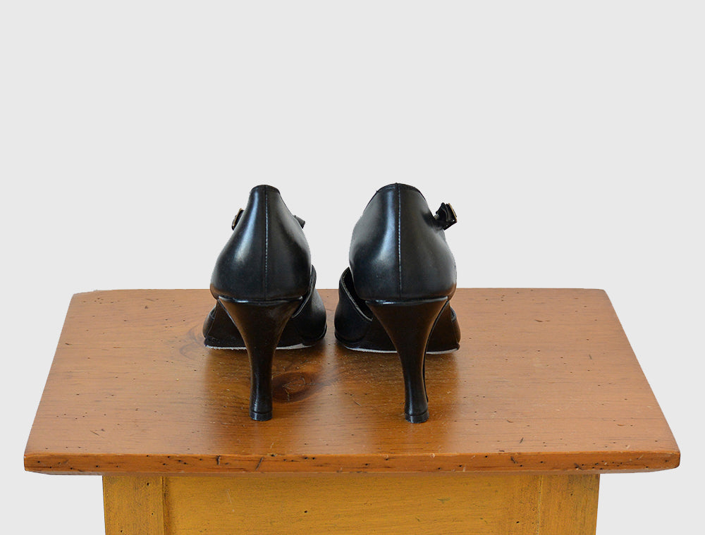 1970s Black Leather T-Strap High Heel Pump