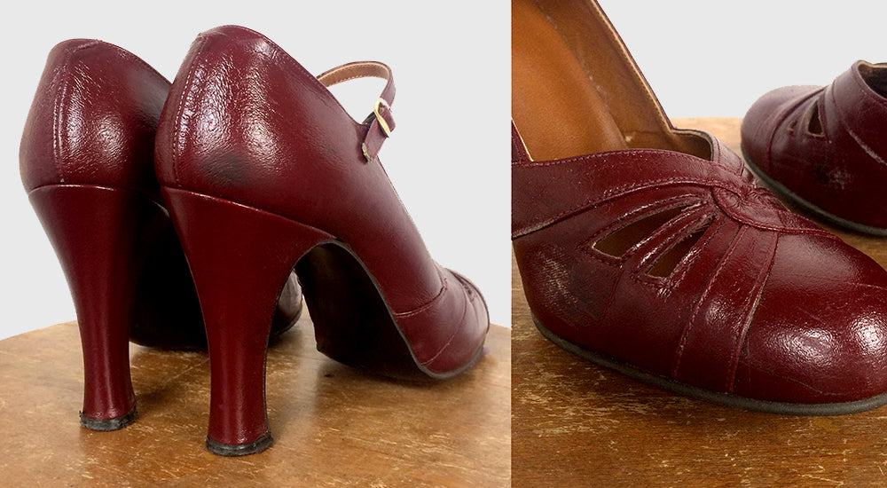 1970s Wine Red Mary Jane High-Heel Leather Pumps