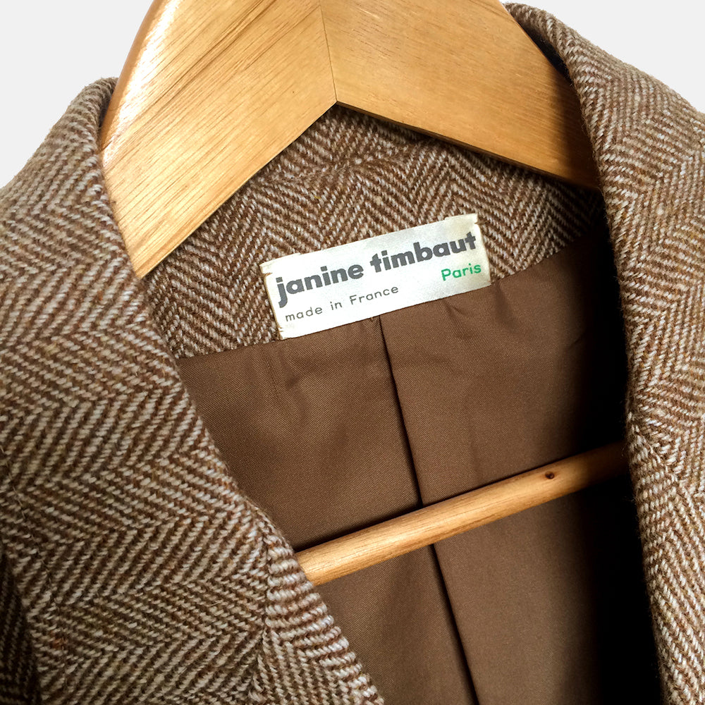 1970s Beige and Brown Tweed and Leather Made in France Fitted Blazer Jacket