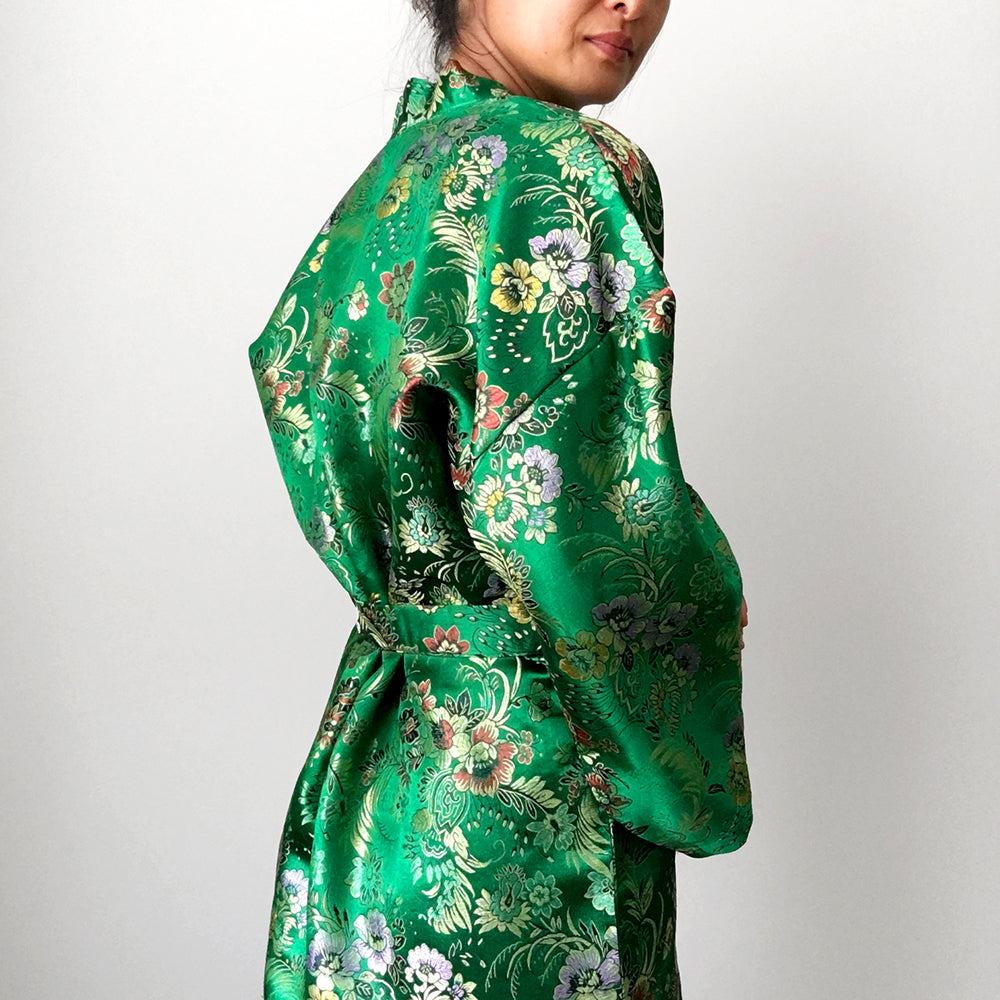 Emerald Green Satin Botanical Belted Kimono