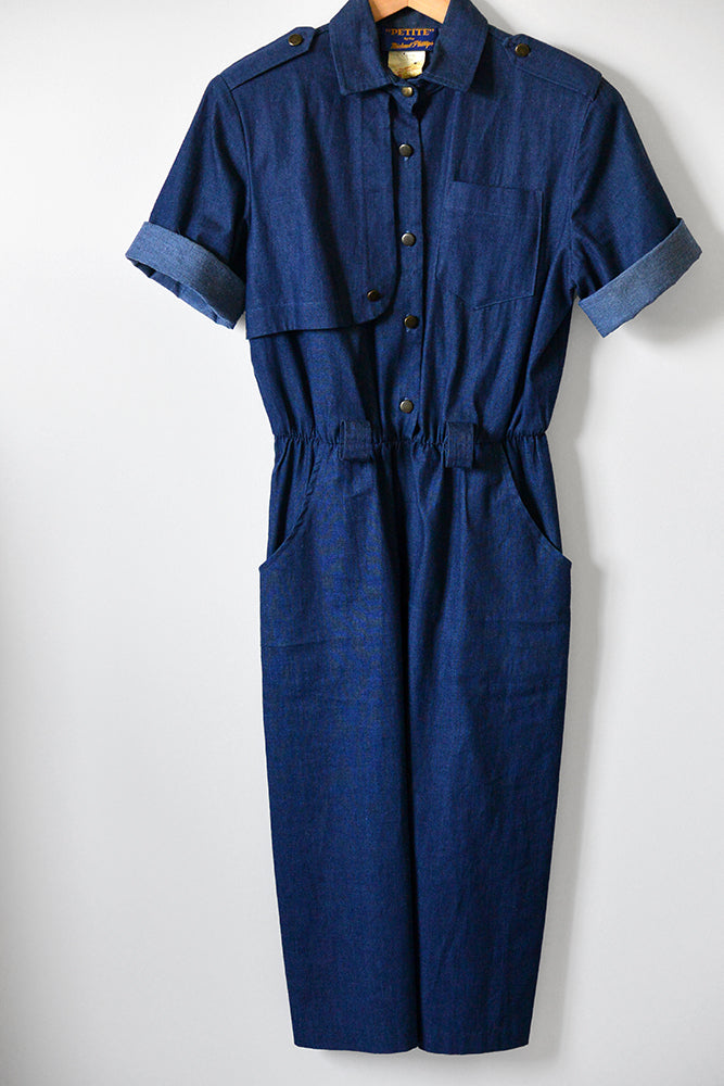 1960s Denim Button-Front Elastic Waist Uniform Dress