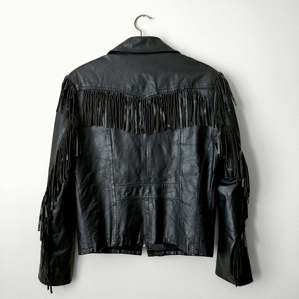 1970s Black Fringe Leather Biker Jacket