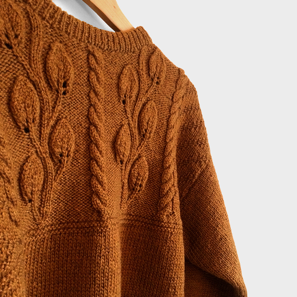 1970s Handmade Leaf Motif Cable-Knit Sweater