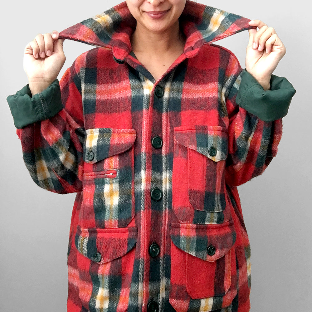 1970s Red Wool Plaid Wide-Lapel Button-Up Jacket