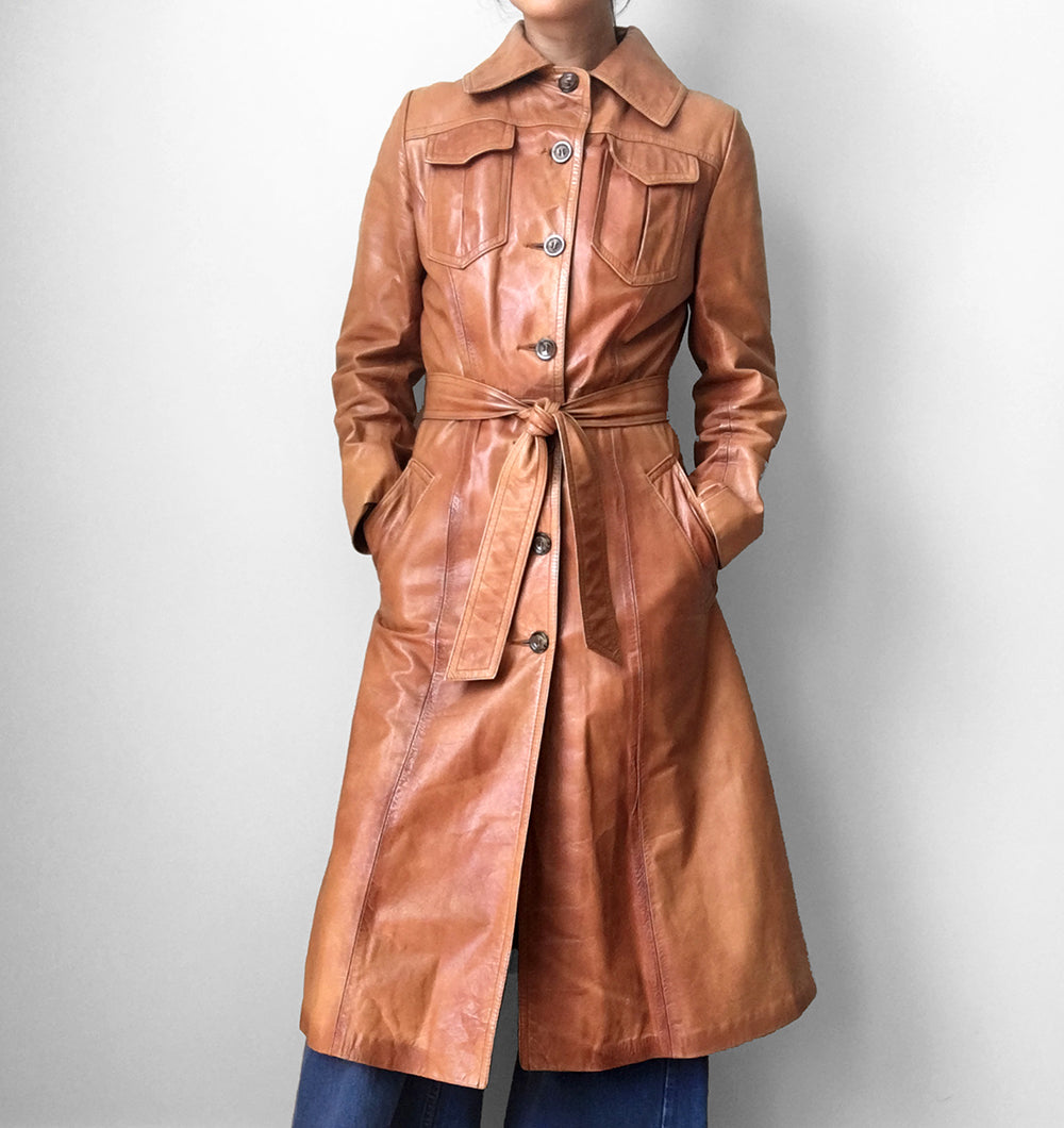 1970s Made in Canada Long Tobacco Brown Belted Leather Coat