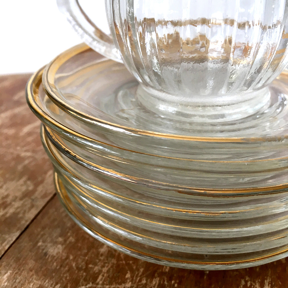 1950s French Cut-Glass Gold-Trimmed Demitasse Cups and Saucer Sets