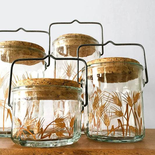 1970s Hand-Painted Wheat Cut-Glass and Cork Lidded Countertop Canisters, Jars