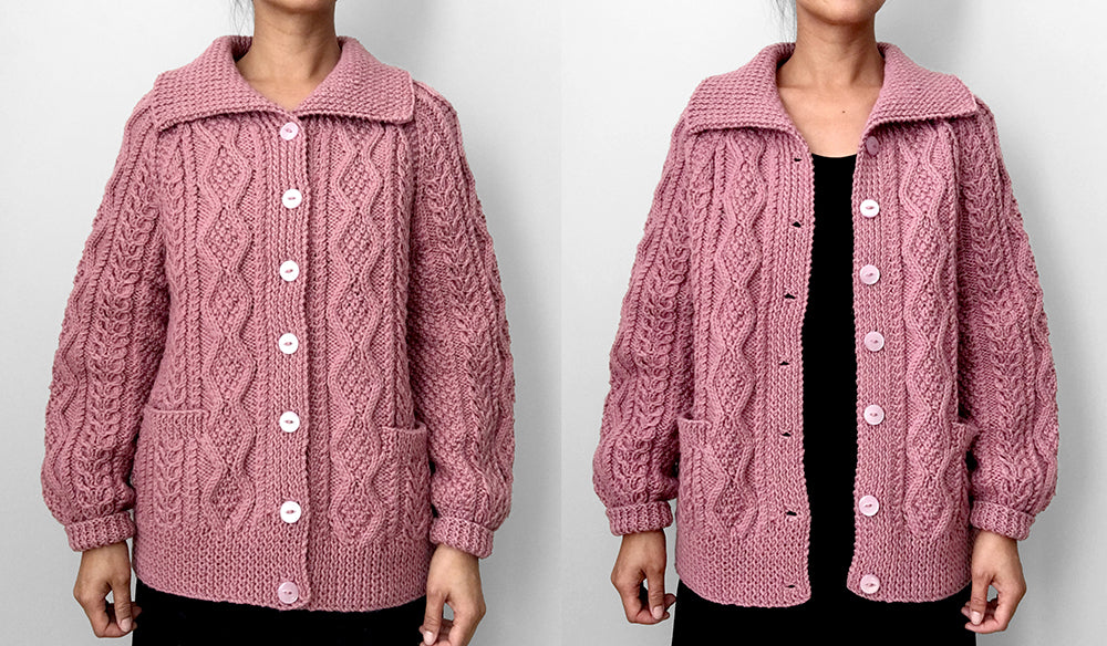 Handmade Dusty-Rose Cable-Knit Collared Knit Cardigan Sweater