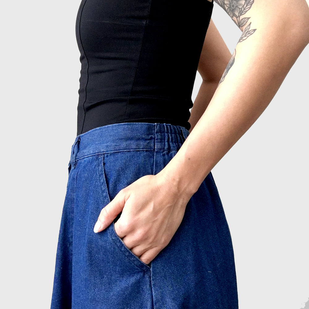 1990s Button-Front Dark Denim Midi-Length Skirt