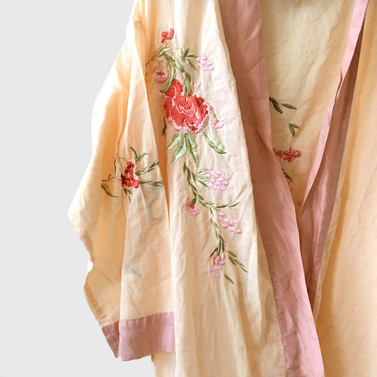 1970s Floral Embroidered Blush Cotton Duster Robe