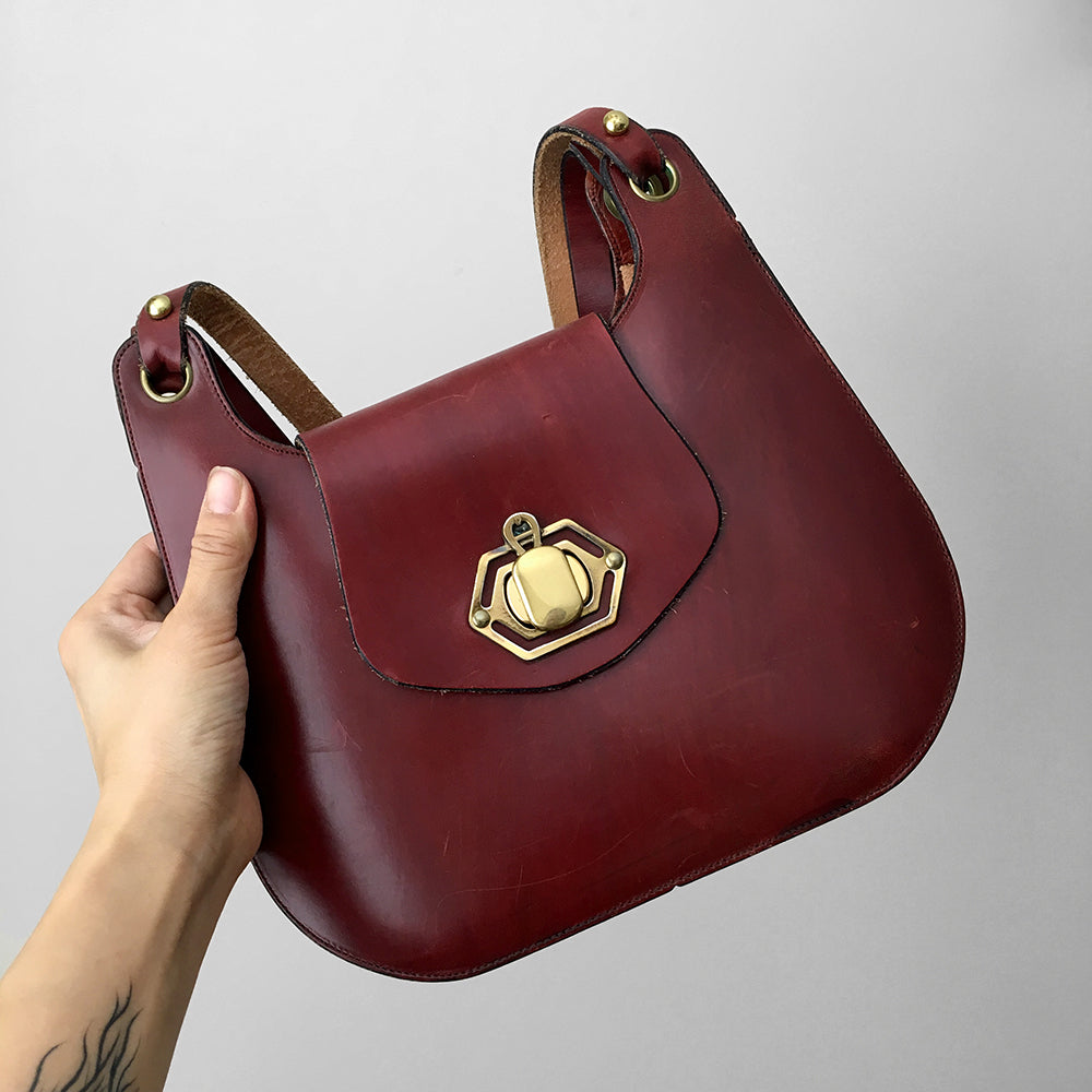 Burgundy Handcrafted Riveted Leather Handbag Purse