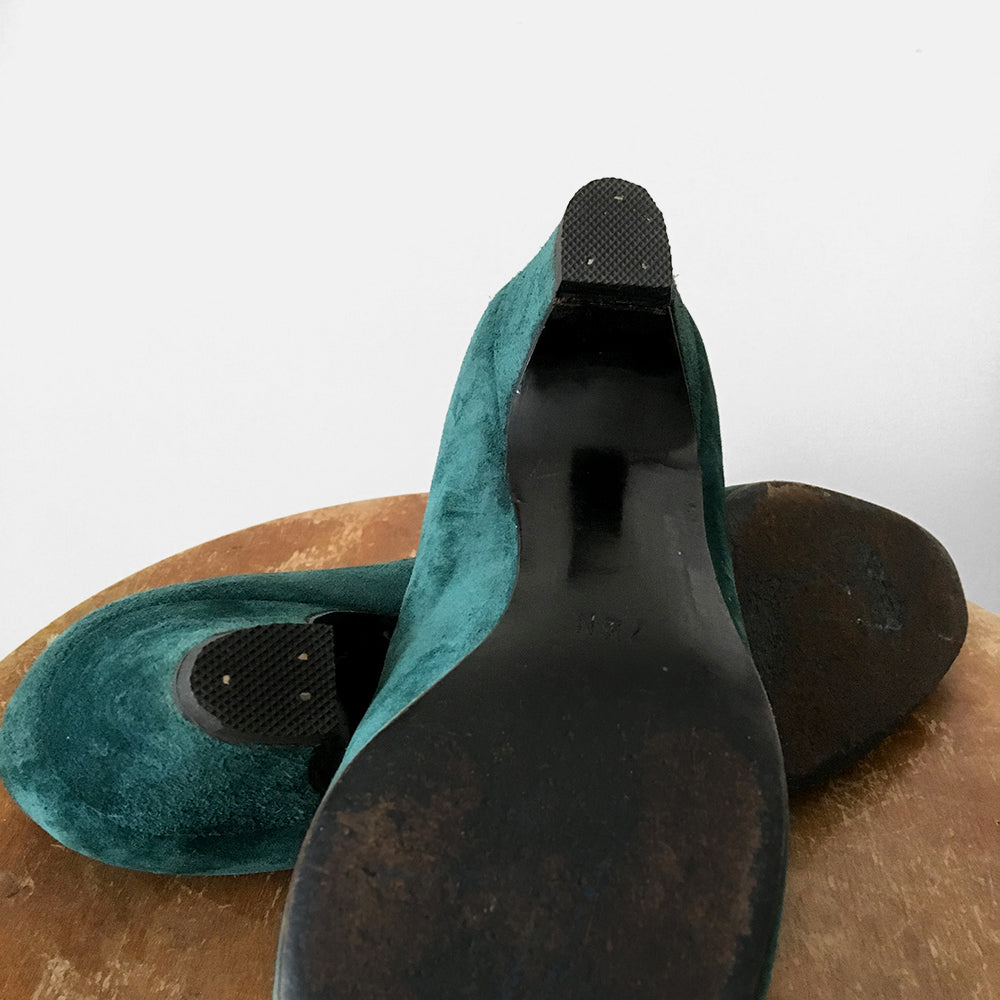 Emerald Green Suede Leather Art Deco Style Slip On Shoes