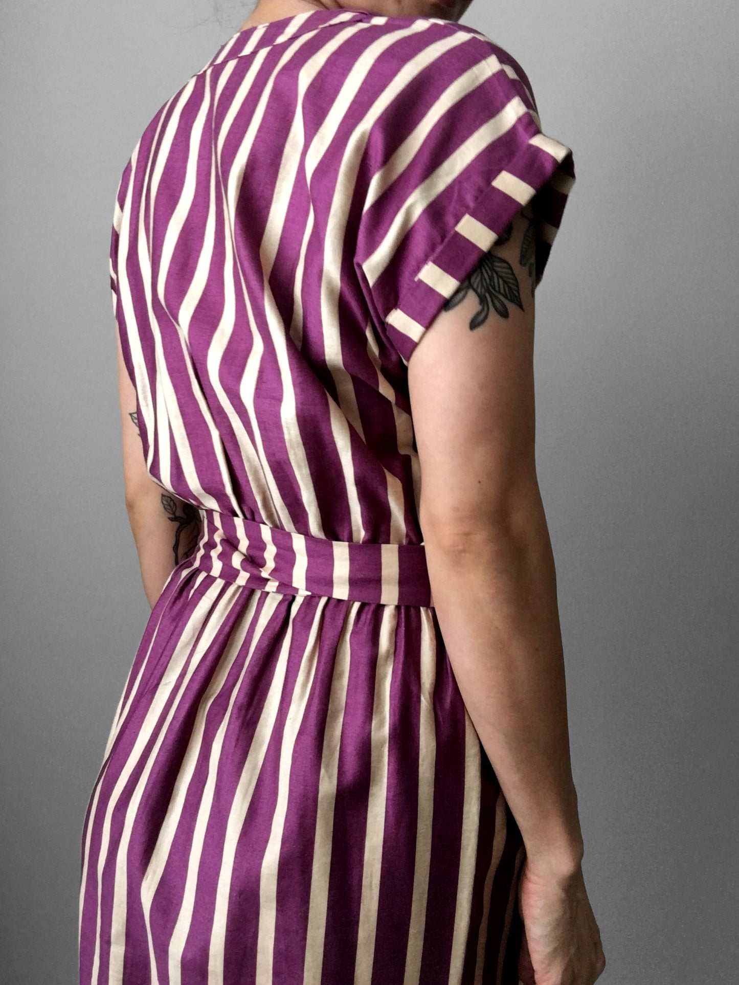 1970s Plum and Beige Stripe Made in Canada Cotton Belted Dress