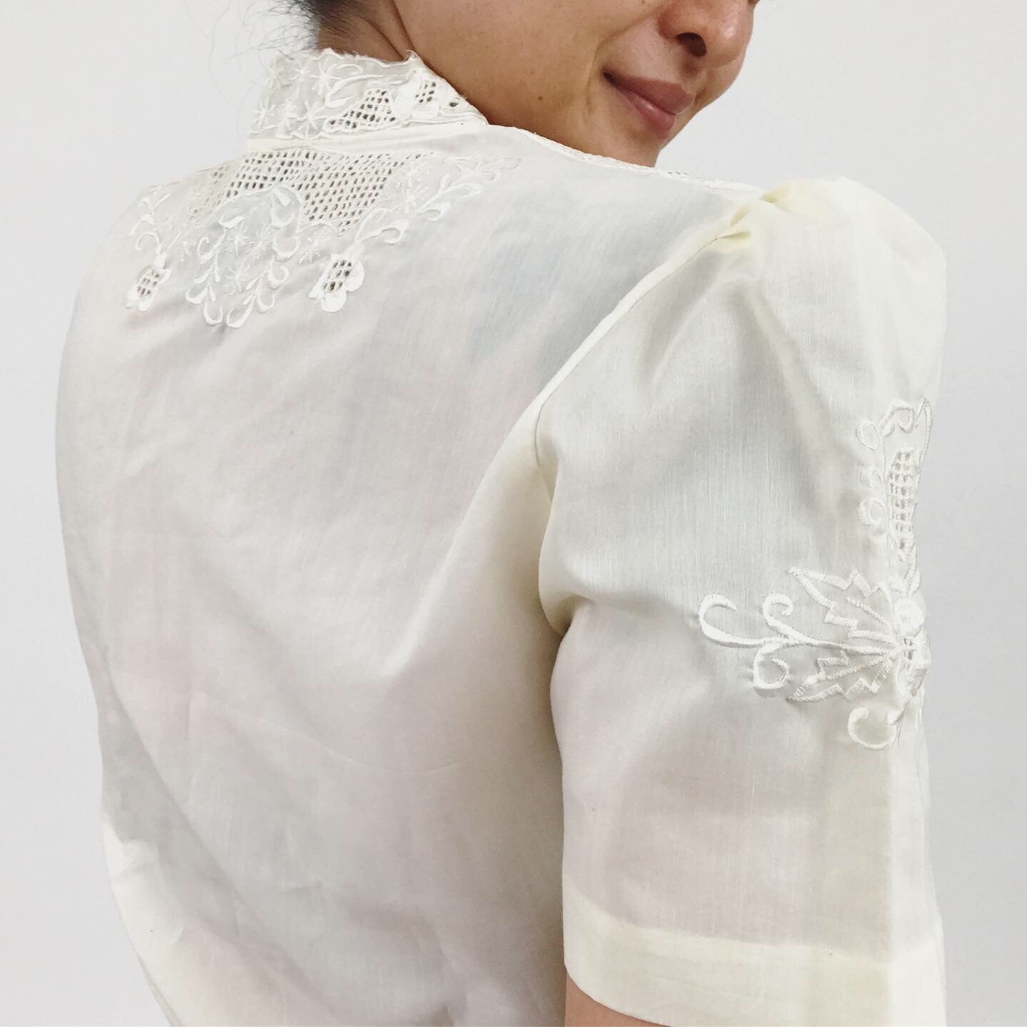 Cream Floral Embroidered Lace Button-Front Short Sleeve Shirt