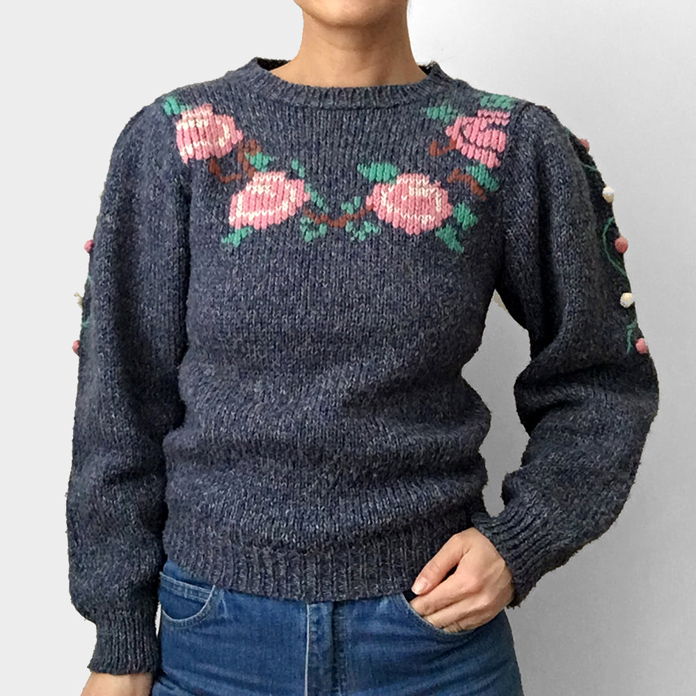 1970s Bobble-Knit Hand-Knit Handmade Floral Pullover Sweater