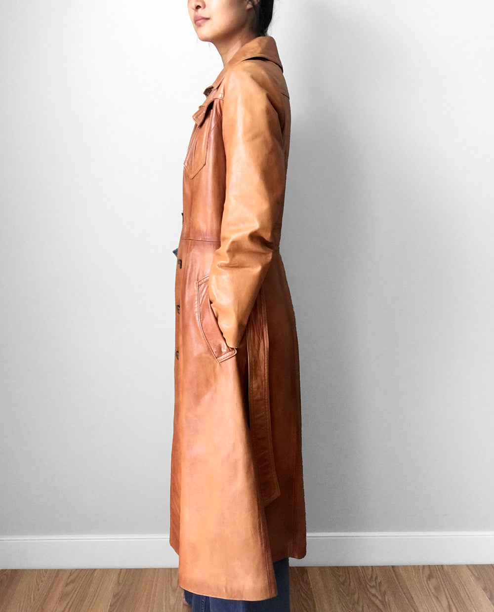 1970s Made in Canada Long Tobacco Brown Belted Leather Coat