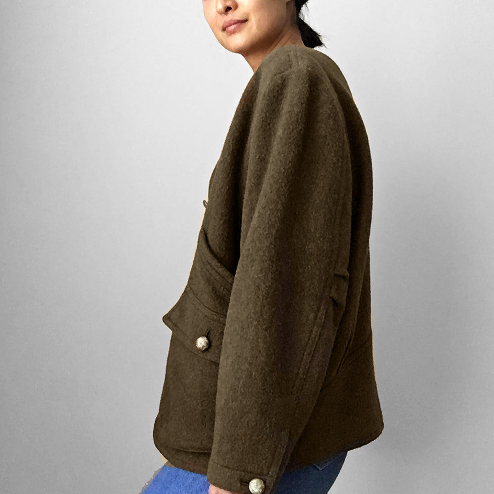 Olive-Green Wool-Blend Military-Inspired Boxy Jacket