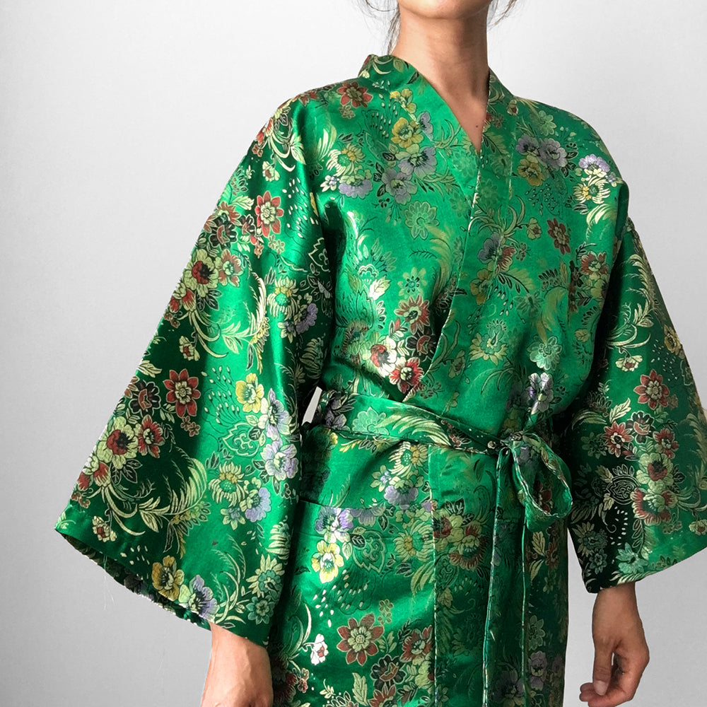 Emerald Green Satin Botanical Belted Kimono