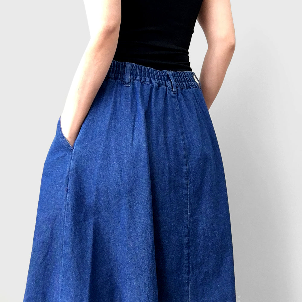 1990s Button-Front Dark Denim Midi-Length Skirt