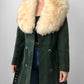 1970s Made in England Faux Fur Collared Hunter-Green Suede Leather Belted Coat