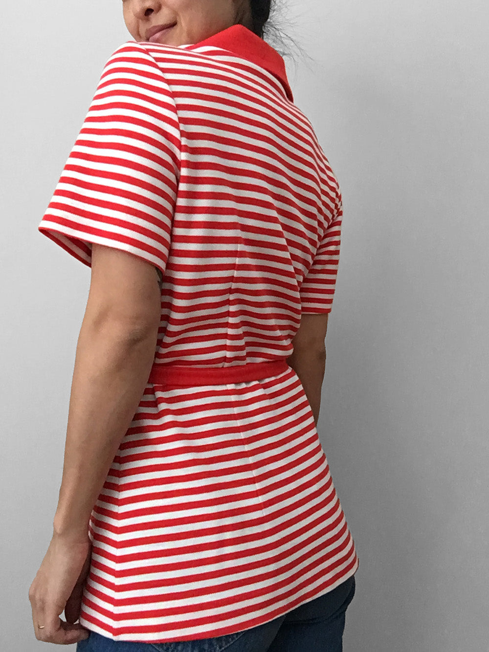 1970s Red and White Striped Wide-Lapel Belted Button-Front Short Sleeve Shirt