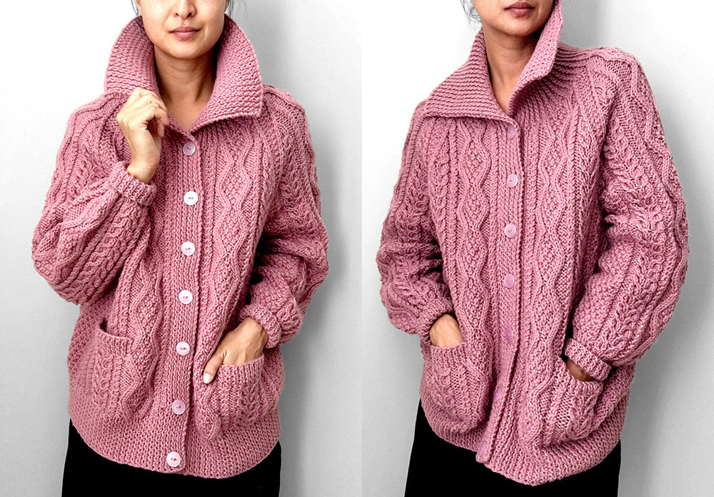 Handmade Dusty-Rose Cable-Knit Collared Knit Cardigan Sweater