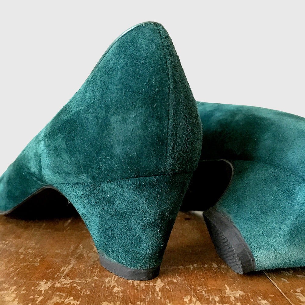 Emerald Green Suede Leather Art Deco Style Slip On Shoes