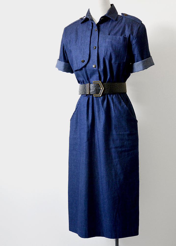 1960s Denim Button-Front Elastic Waist Uniform Dress