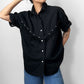 1980s Black Chambray Beaded Fringe Button-Front Collared Shirt