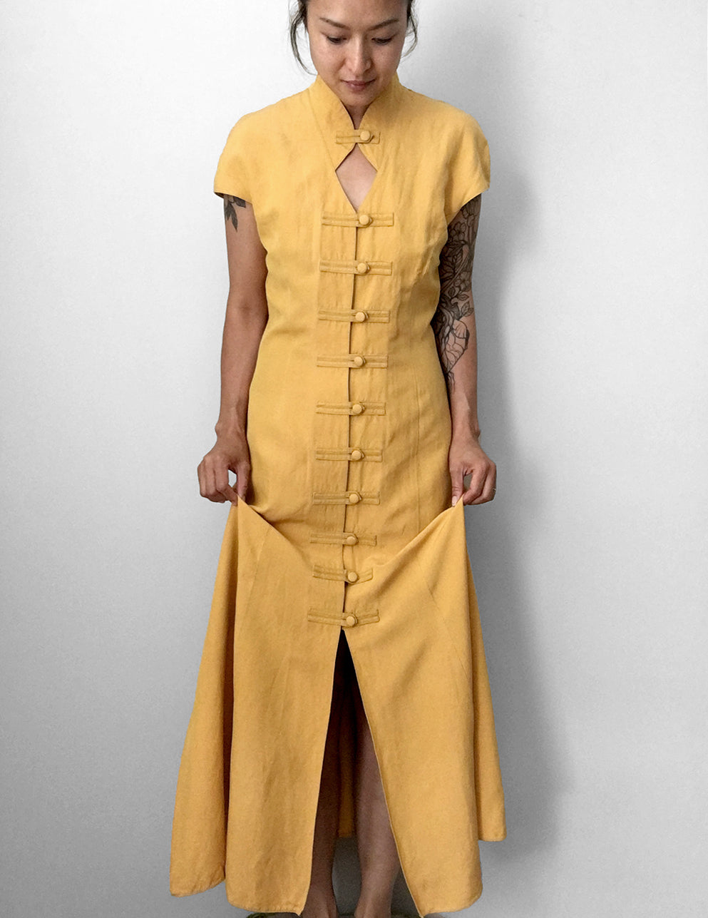 1990s Made in Germany Yellow Button-Front Mandarin Collar Dress