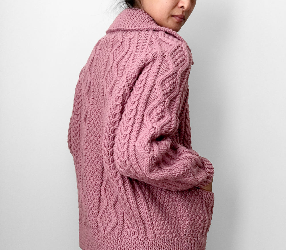 Handmade Dusty-Rose Cable-Knit Collared Knit Cardigan Sweater