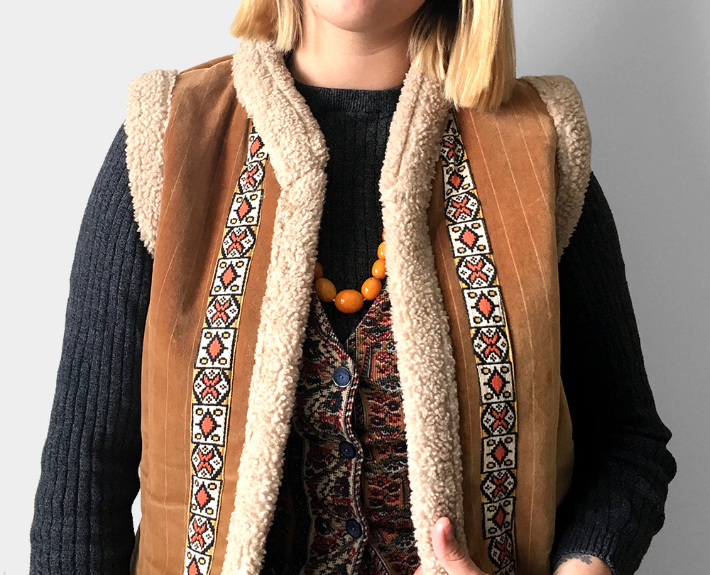 1970s Faux-Fur Lined Brown Velour Ribbon Vest