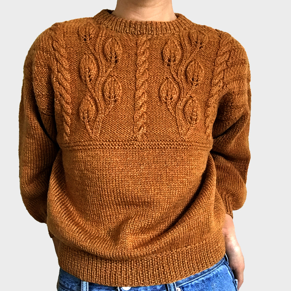 1970s Handmade Leaf Motif Cable-Knit Sweater