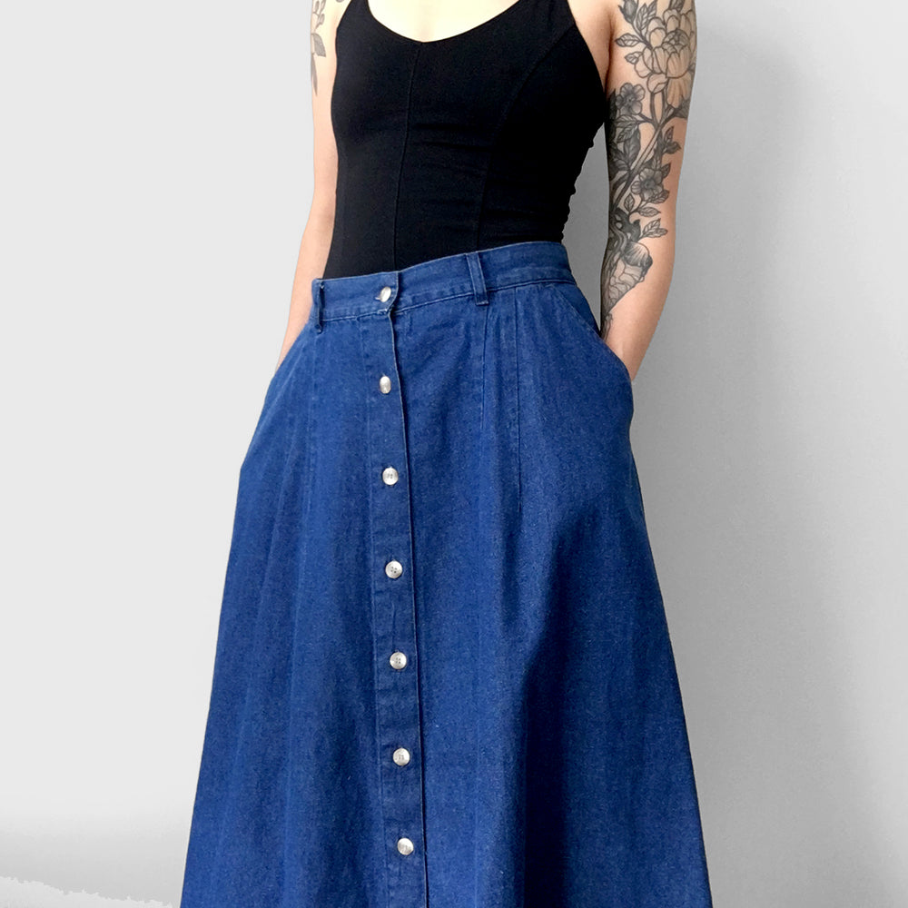 1990s Button-Front Dark Denim Midi-Length Skirt