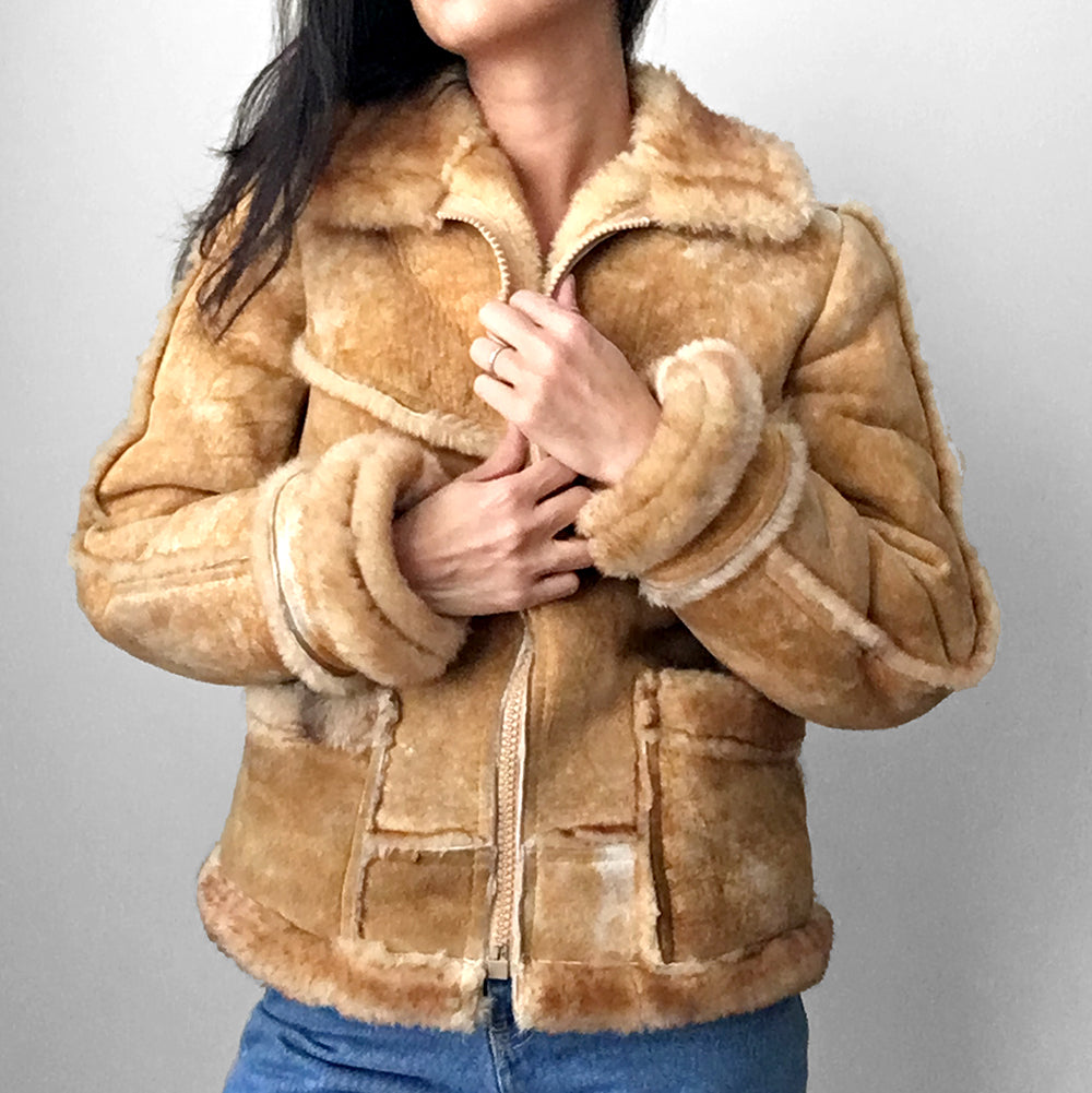 Tan Made in Canada Shearling Sheep Zip Front Jacket